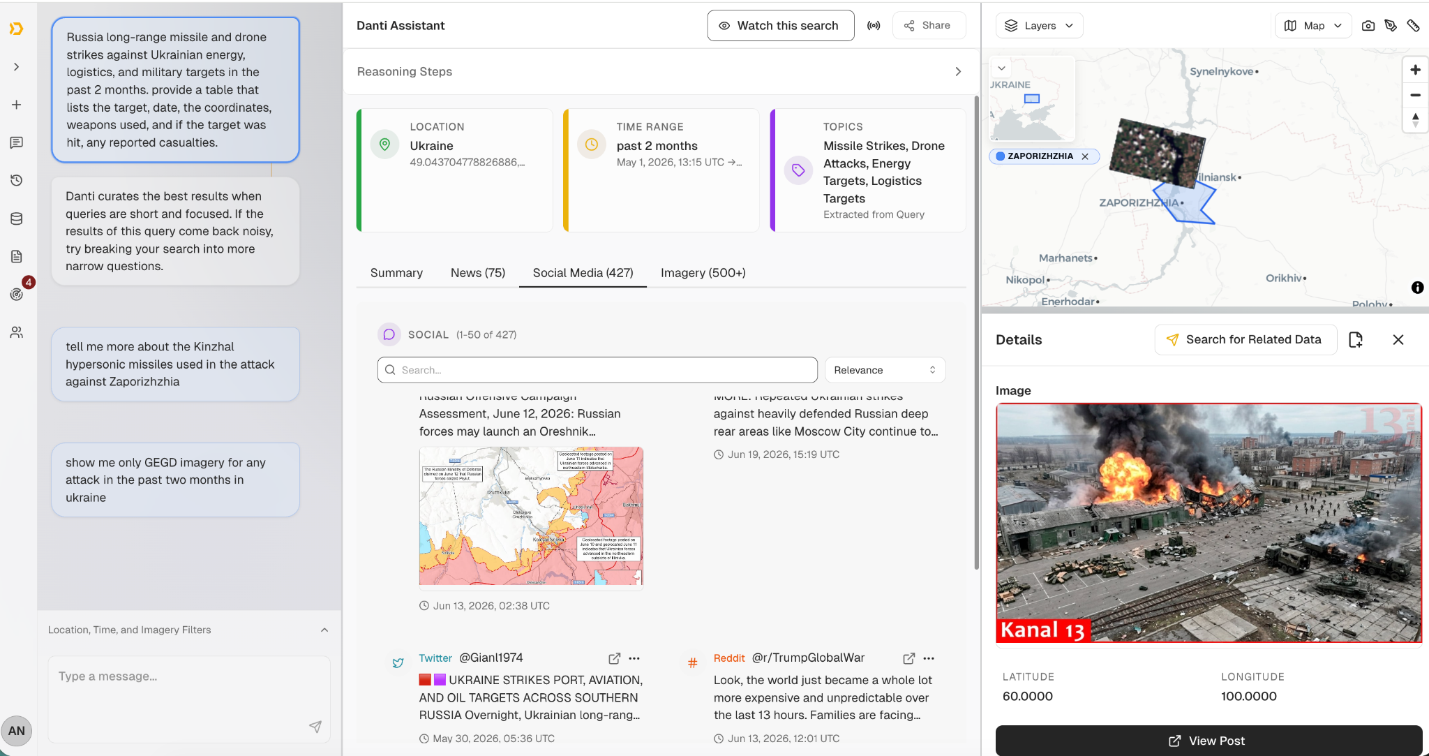 Assistant results with social posts and imagery for a Ukraine strike query on the map