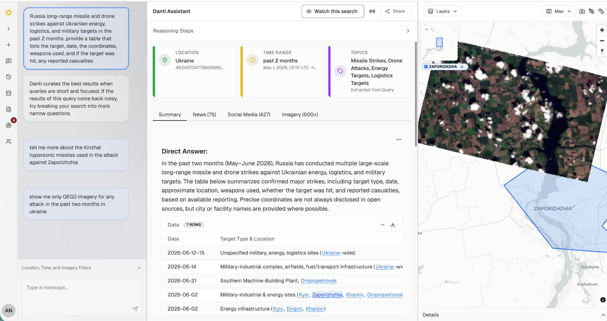 Refined Ukraine strike search with a data table and imagery on the map